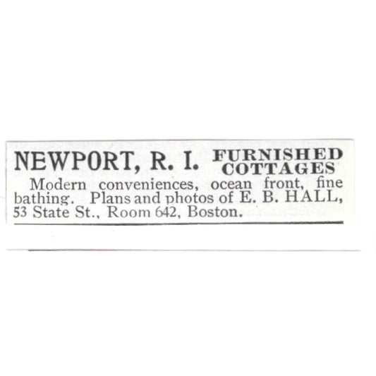 E.B. Hall Newport R.I. Furnished Cottages 1903 Ad AF8-S43