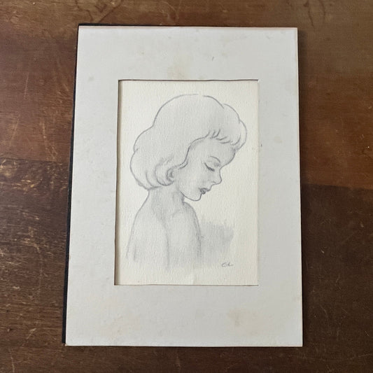 Sketch of a Woman - Grace Layton Valley City ND Matted Vintage Art Print 5x7 V12