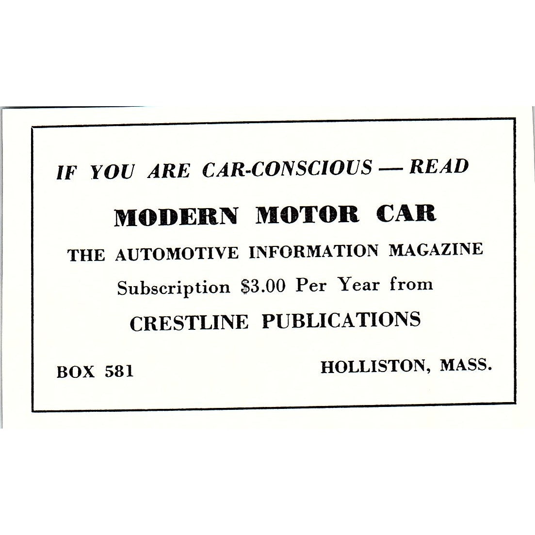 Modern Motor Car Crestline Publications Holliston MA 1950 Ad AF6-M5