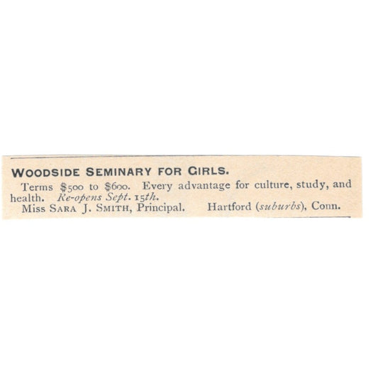 Woodside Seminary for Girls Sara J. Smith Hartford CT 1892 Magazine Ad AK6-S5