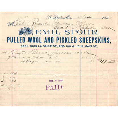 1897 Emil Spohr Pulled Wool & Pickled Sheepskins St. Louis MO Letterhead D17