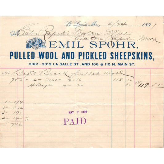 1897 Emil Spohr Pulled Wool & Pickled Sheepskins St. Louis MO Letterhead D17