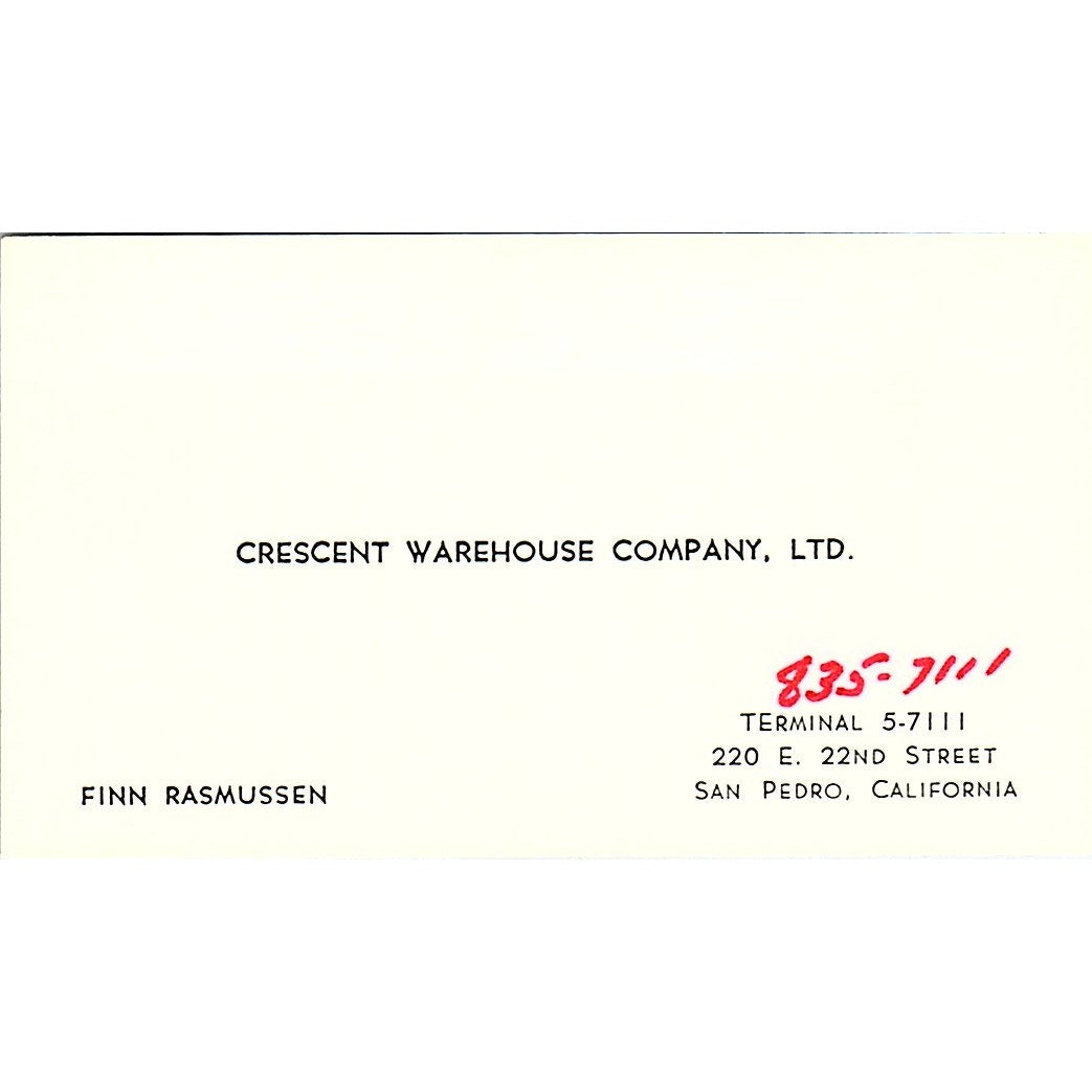 Crescent Warehouse Company Finn Rasmussen San Pedro CA Business Card SB4-B6