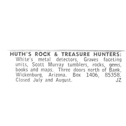 Huth's Rock & Treasure Hunters Wickenburg Arizona 1972 Ad AF8-S22