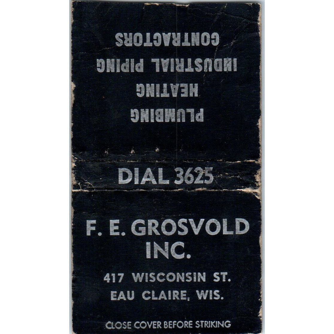 F.E. Grosvold Inc Plumbing HVAC Eau Claire WI Vintage Matchbook Cover SF4-Y7