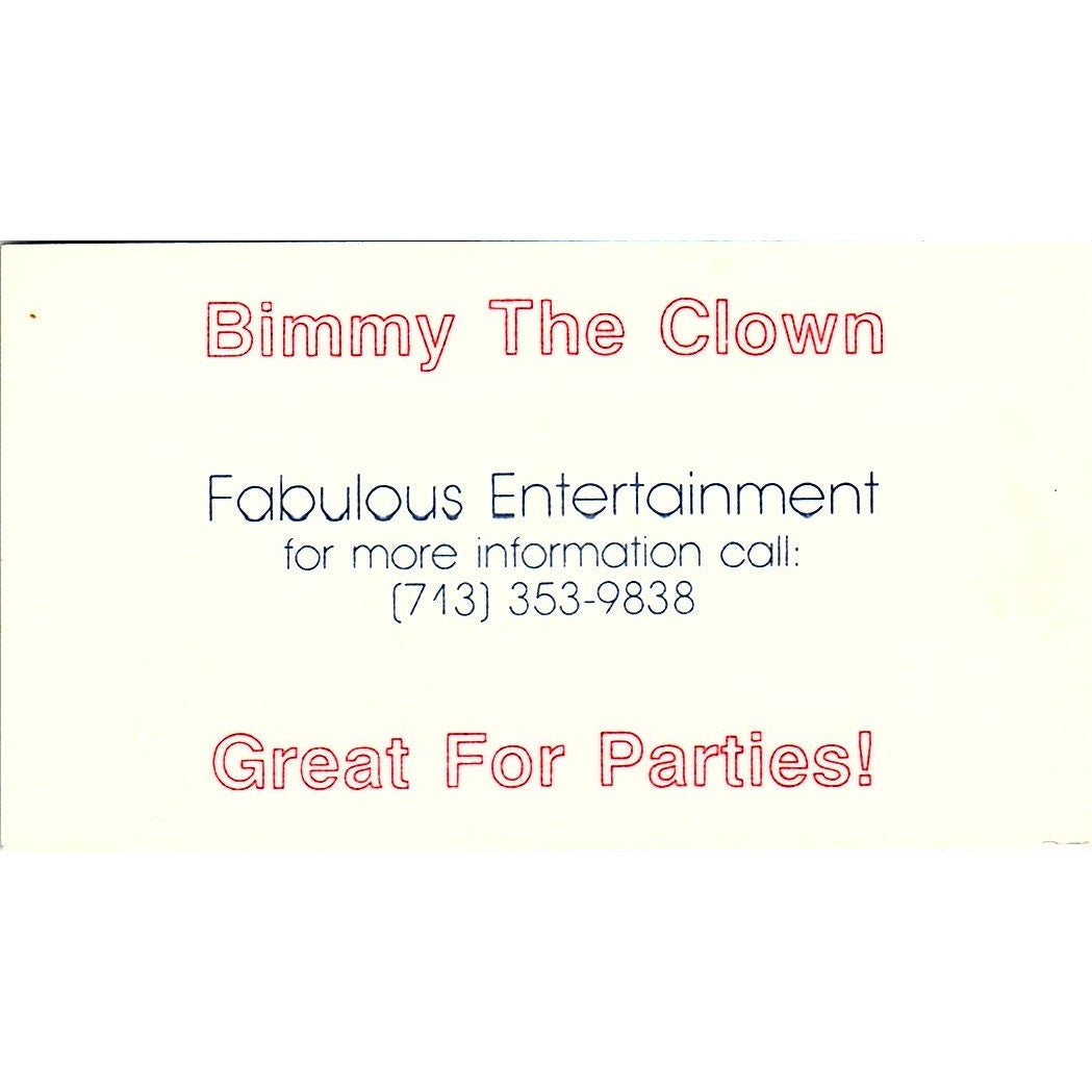 Bimmy The Clown Fabulous Entertainment Houston TX Vintage Business Card SF3-B2
