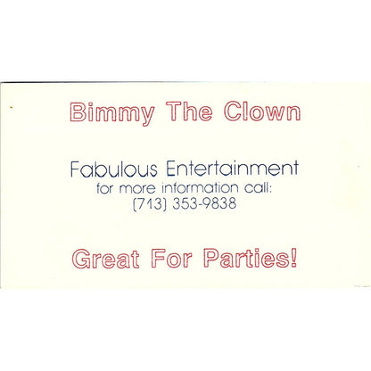 Bimmy The Clown Fabulous Entertainment Houston TX Vintage Business Card SF3-B2