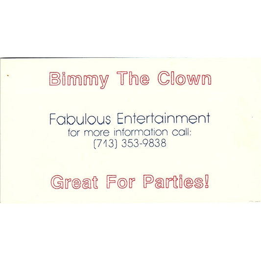 Bimmy The Clown Fabulous Entertainment Houston TX Vintage Business Card SF3-B2