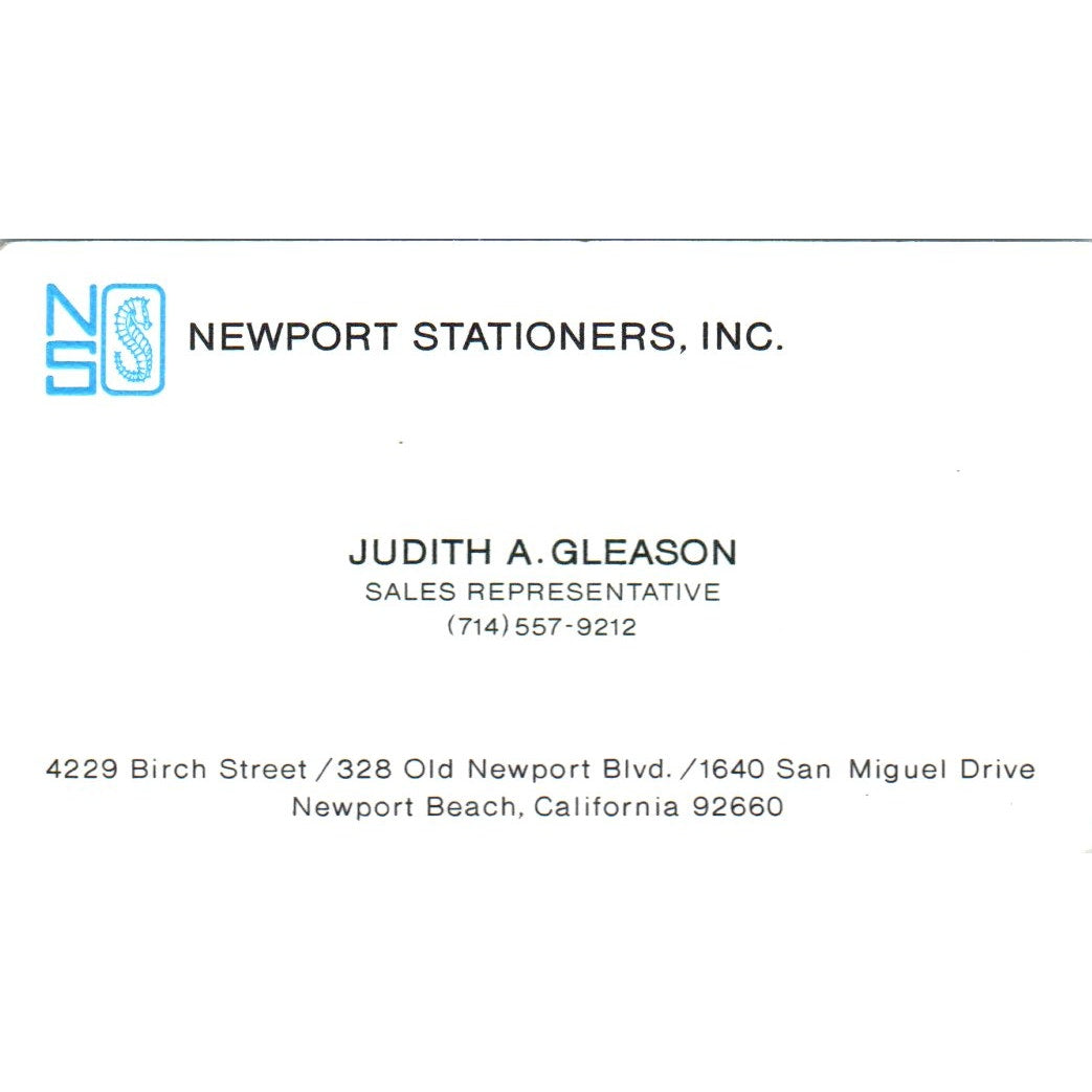 Judith A Gleason Newport Stationers Newport Beach CA Vtg Business Card SE3-B4