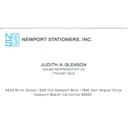 Judith A Gleason Newport Stationers Newport Beach CA Vtg Business Card SE3-B4