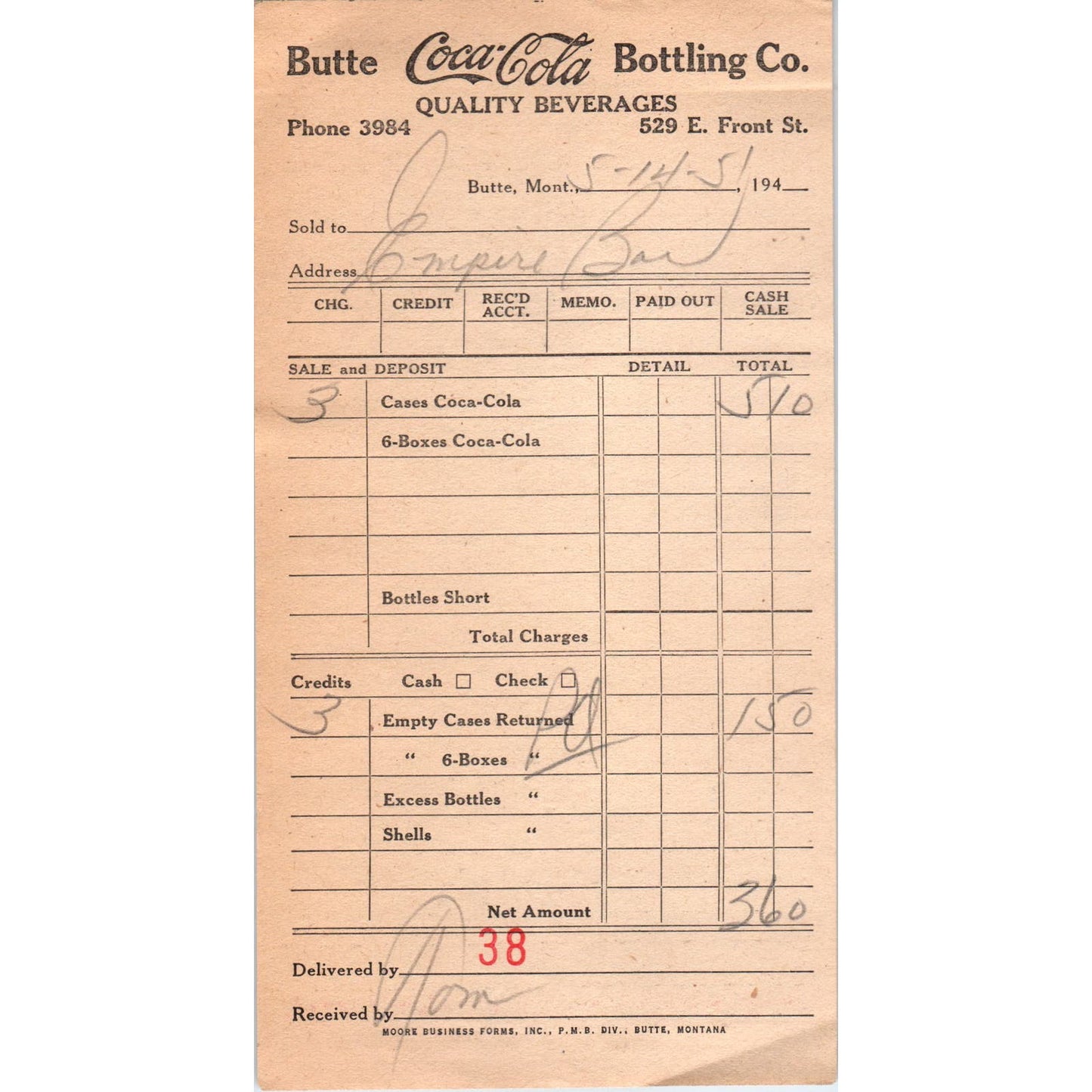 1950s Coca Cola Coke Receipt Butte Bottler's Supply Co Montana AE8-2