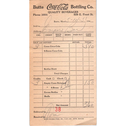 1950s Coca Cola Coke Receipt Butte Bottler's Supply Co Montana AE8-2