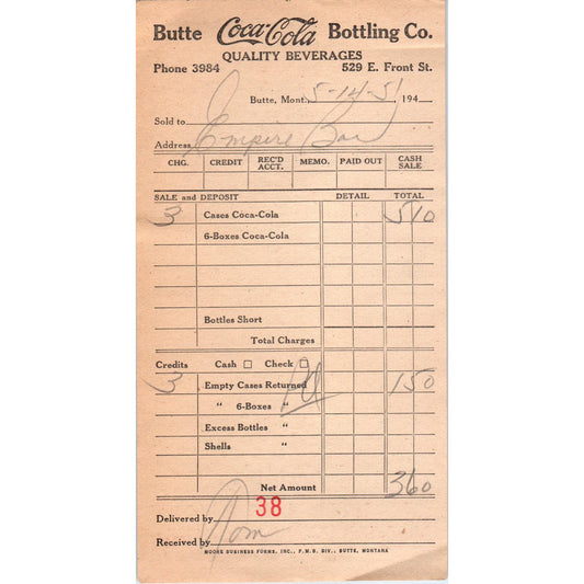 1950s Coca Cola Coke Receipt Butte Bottler's Supply Co Montana AE8-2