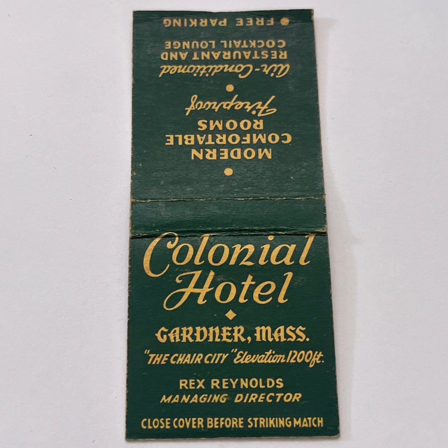 Colonial Hotel Gardner MA Rex Reynolds Vintage Matchbook Cover TB8-MB-11