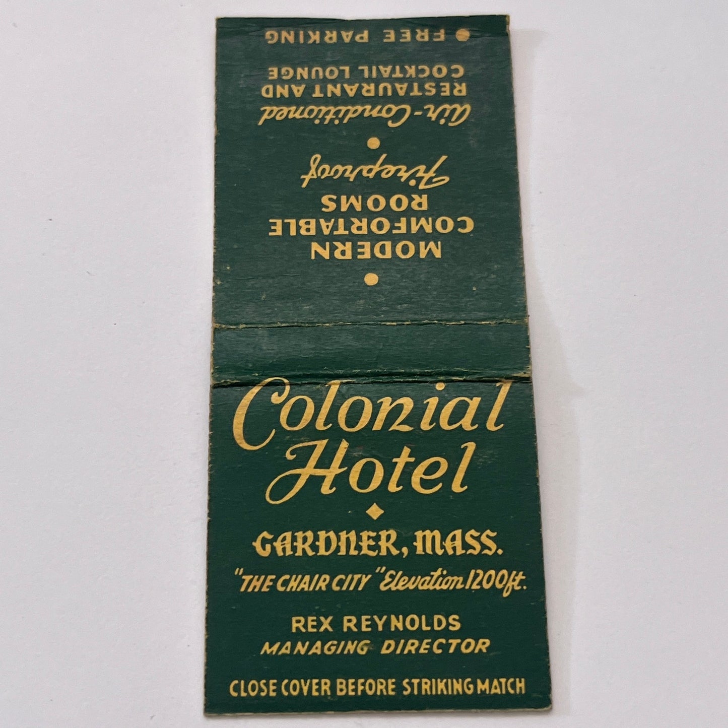 Colonial Hotel Gardner MA Rex Reynolds Vintage Matchbook Cover MM3-5