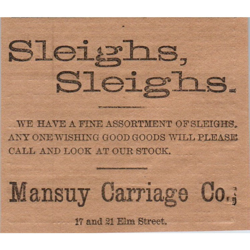 Mansuy Carriage Co Sleighs Elm Street Hartford 1886 Newspaper Ad AF7-E5