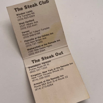 The Steak Club Restaurants CT Vintage Matchbook Cover MM2-7
