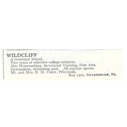 Wildcliff Graduate School Swarthmore PA Mr. and Mrs. H.M. Crist c1920 Ad AG4-S1