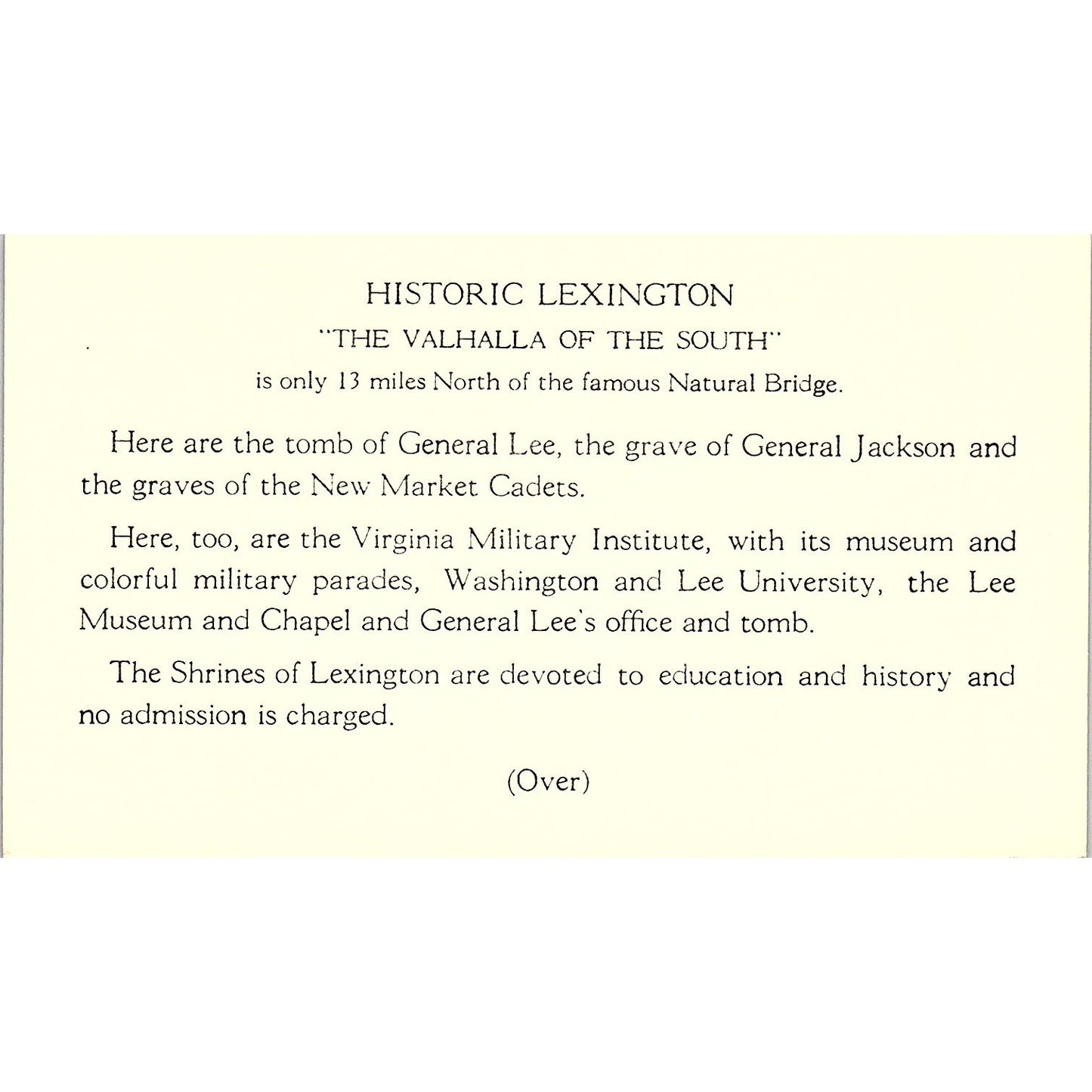 Lexington in Old Virginia Jackson's Home Winchester VA Vintage Leaflet TH2-TB3