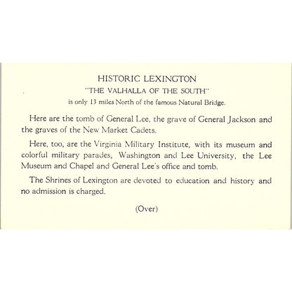 Lexington in Old Virginia Jackson's Home Winchester VA Vintage Leaflet TH2-TB3