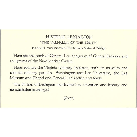 Lexington in Old Virginia Jackson's Home Winchester VA Vintage Leaflet TH2-TB3