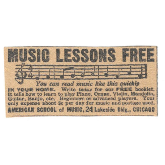 Free Music Lessons American School of Music Chicago 1923 Magazine Ad Clip AE1-6