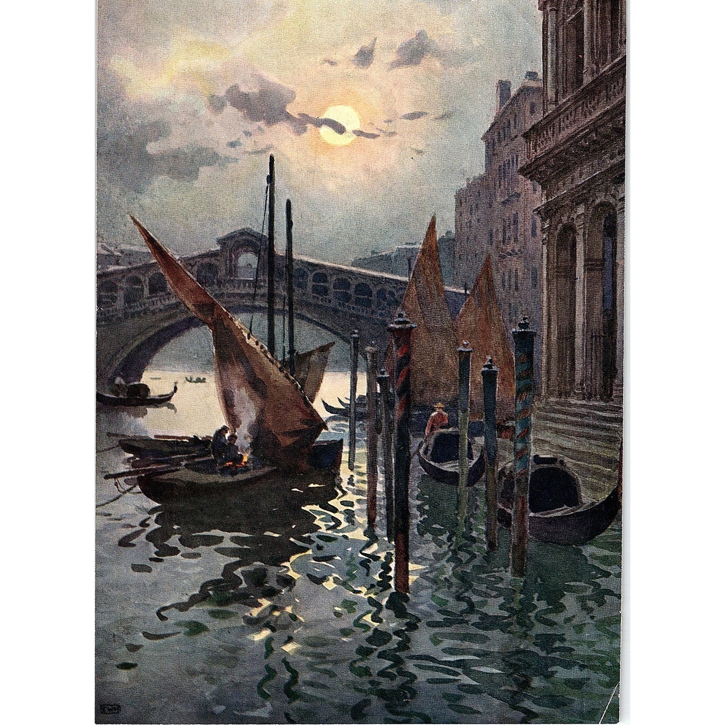 The Rialto by Moonlight Painting Vintage Lithograph Art Print 5.75x8" AF6-15