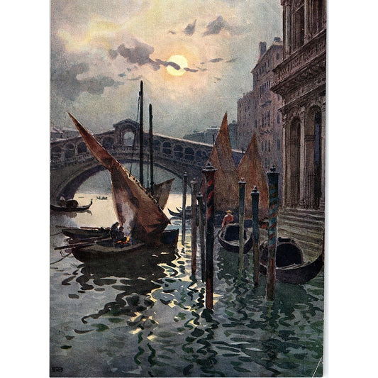 The Rialto by Moonlight Painting Vintage Lithograph Art Print 5.75x8" AF6-15