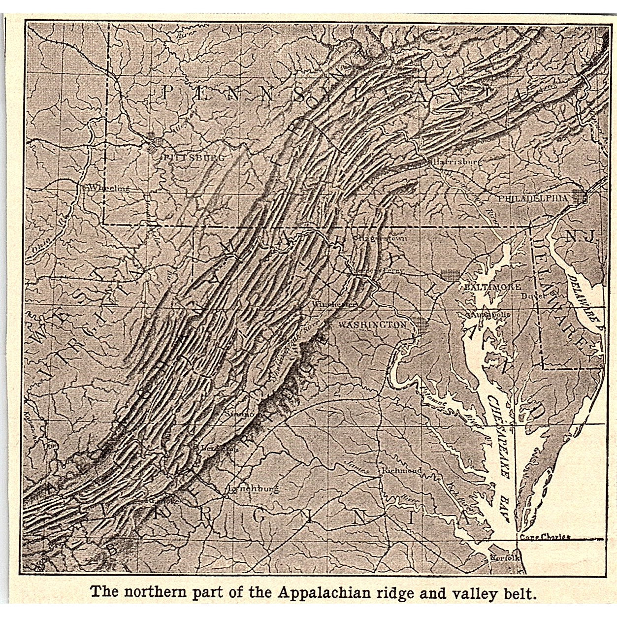 Map of Northern Appalachian Ridge & Valley Belt 4x4" 1901 Engraving AF6-16