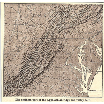 Map of Northern Appalachian Ridge & Valley Belt 4x4" 1901 Engraving AF6-16