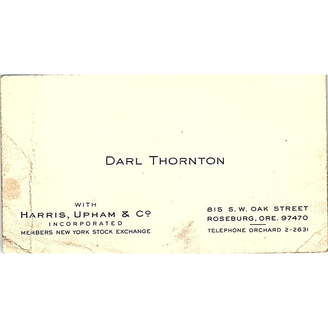 Harris Upham & Co Darl Thornton Roseburg Oregon Vintage Business Card SF3-B4