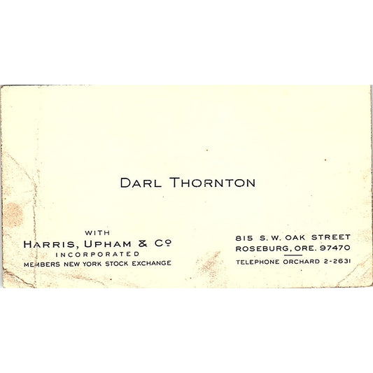 Harris Upham & Co Darl Thornton Roseburg Oregon Vintage Business Card SF3-B4