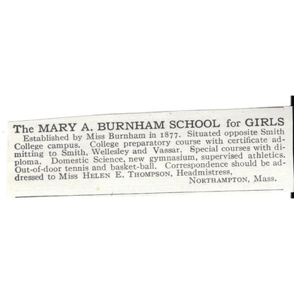 Mary A. Burnham School For Girls Northampton MA Miss H Thompson c1920 Ad AG4-S6