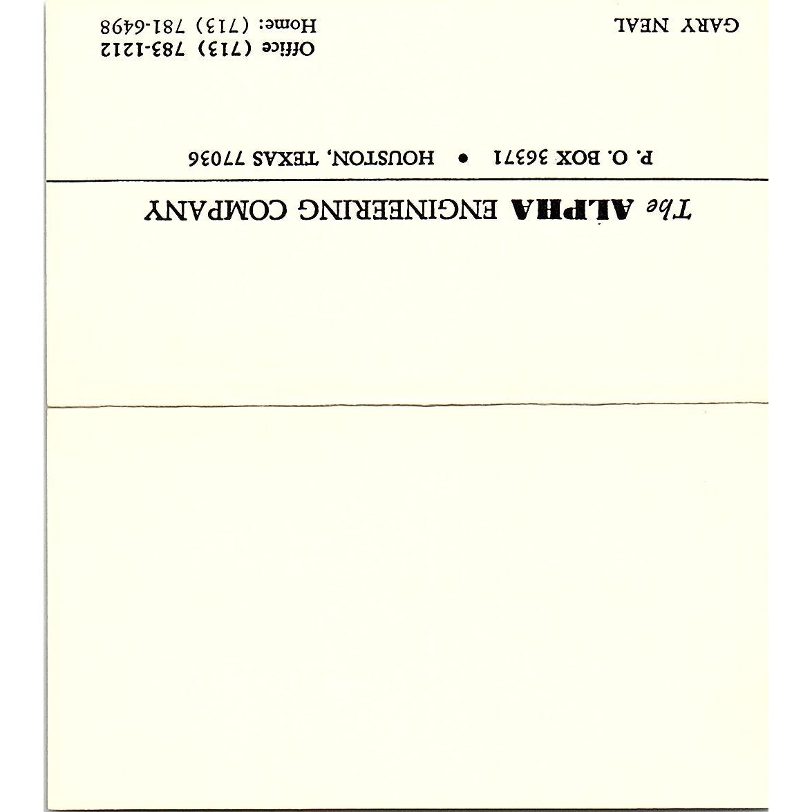 The Alpha Engineering Company , Gray Neal Texas US Vintage Business Card SF3-B9
