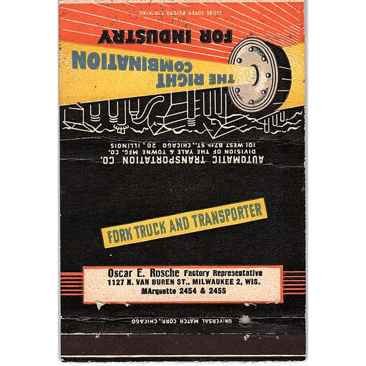 Oscar E Rosche Fork Truck & Transfer Milwaukee WI Vintage Matchbook TB6-MB2-10