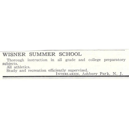 Wisner Summer School Interlaken Ashbury Park NJ c1918 Advertisement AE5-SA10