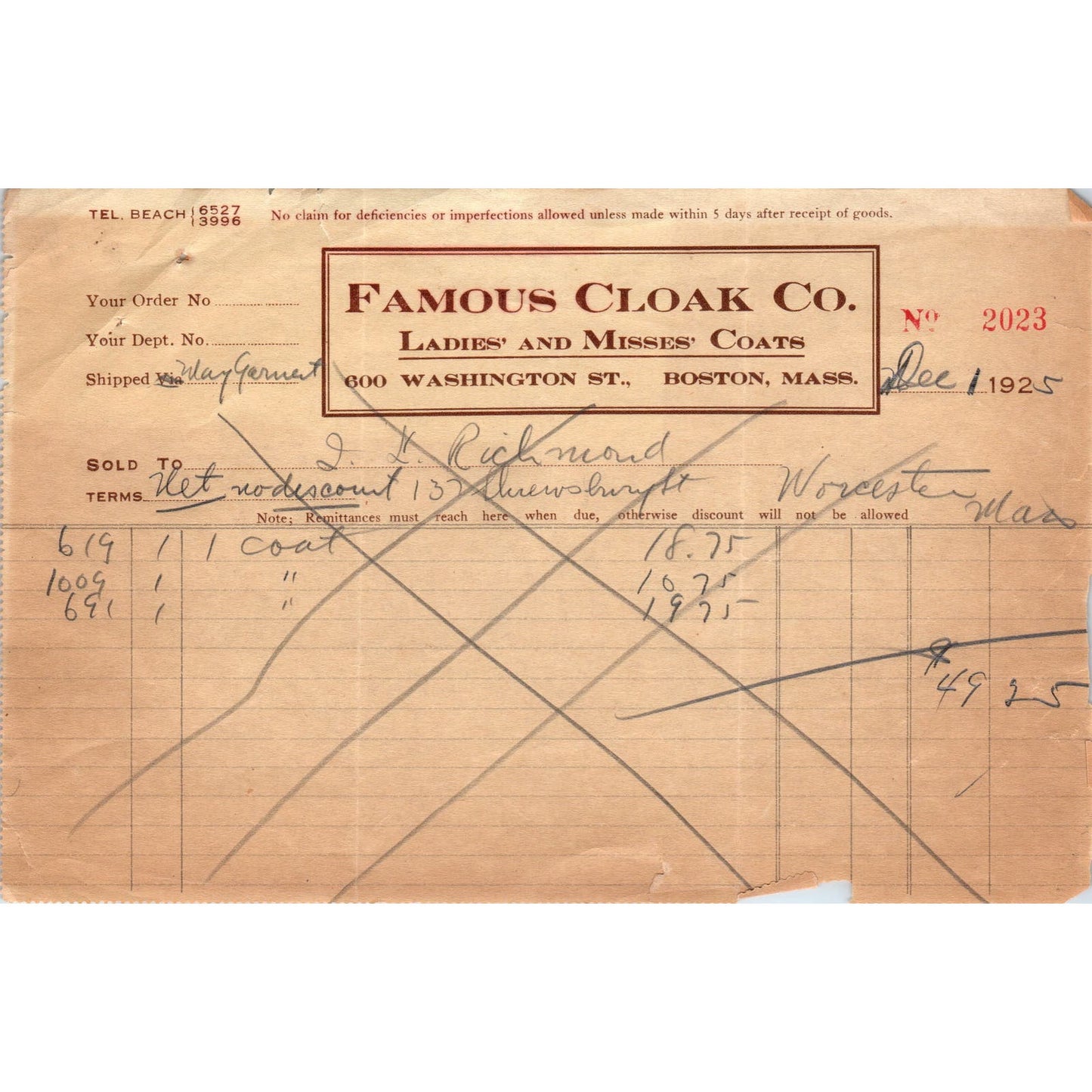 Famous Cloak Co Ladies Coats Boston MA 1925 Original Billhead Letterhead D8-LL