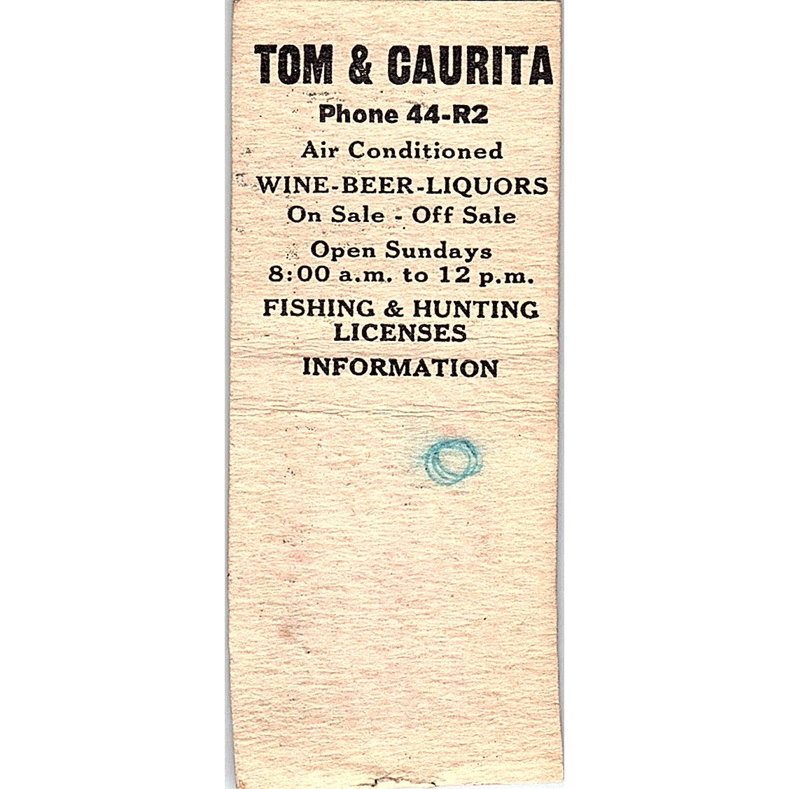 Tommy's Tavern Tom & Caurita Plum City WI Vintage Matchbook Cover SF3-Y1