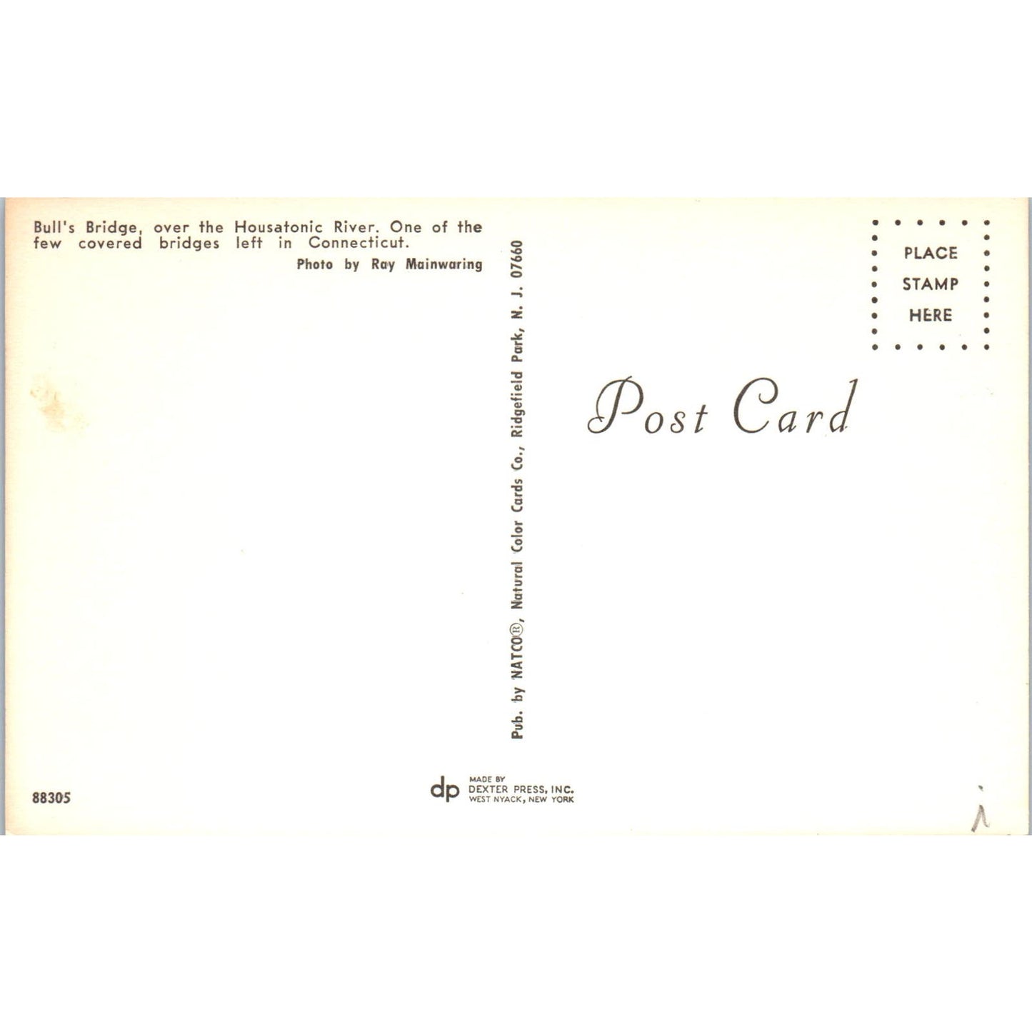 Bull's Bridge Housatonic River Connecticut Covered Bridge Postcard PB1