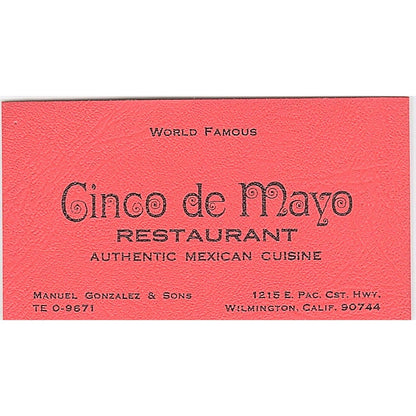 Manuel Gonzalez & Sons Cinco De Mayo Restaurant Wilmington Business Card SD9-B9