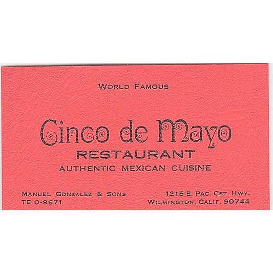 Manuel Gonzalez & Sons Cinco De Mayo Restaurant Wilmington Business Card SD9-B9