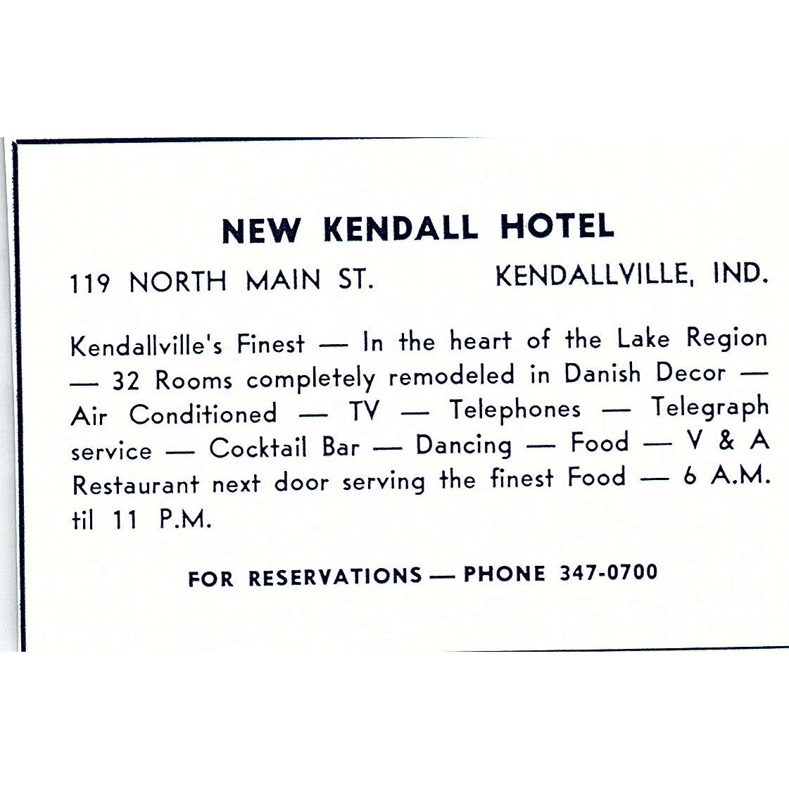 New Kendall Hotel 119 North Main St Kendallville Indiana 1964 Ad AG1-M6