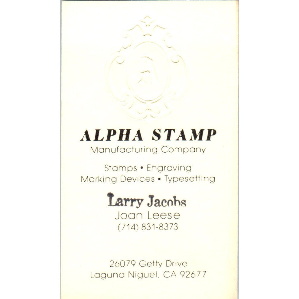 Larry Jacobs Joan Leese Alpha Stamp Mfg Co Laguna Niguel CA Business Card SE3-B4