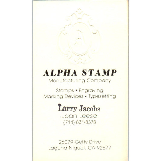 Larry Jacobs Joan Leese Alpha Stamp Mfg Co Laguna Niguel CA Business Card SE3-B4