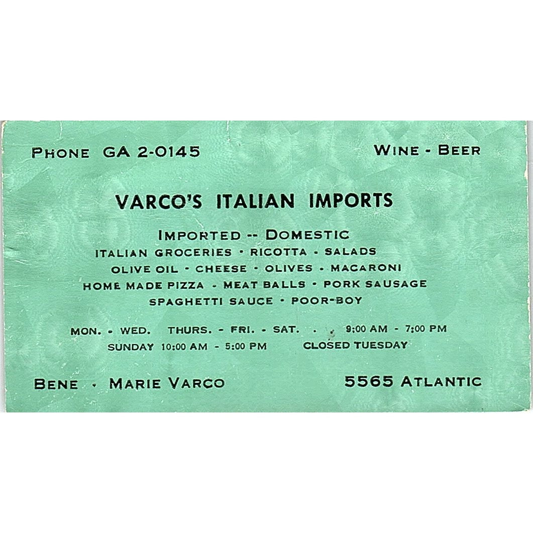 Varco's Italian Imports Ben & Marie Varco Long Beach CA Business Card SSB4-B13