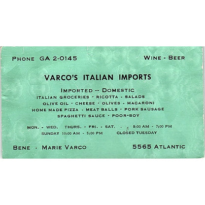 Varco's Italian Imports Ben & Marie Varco Long Beach CA Business Card SSB4-B13
