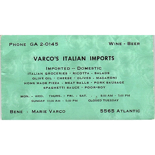 Varco's Italian Imports Ben & Marie Varco Long Beach CA Business Card SSB4-B13