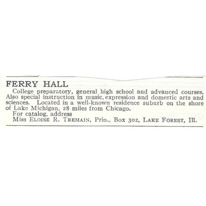 Ferry Hall Prep Eloise R. Tremain Lake Forest IL c1918 Advertisement AE5-SA10