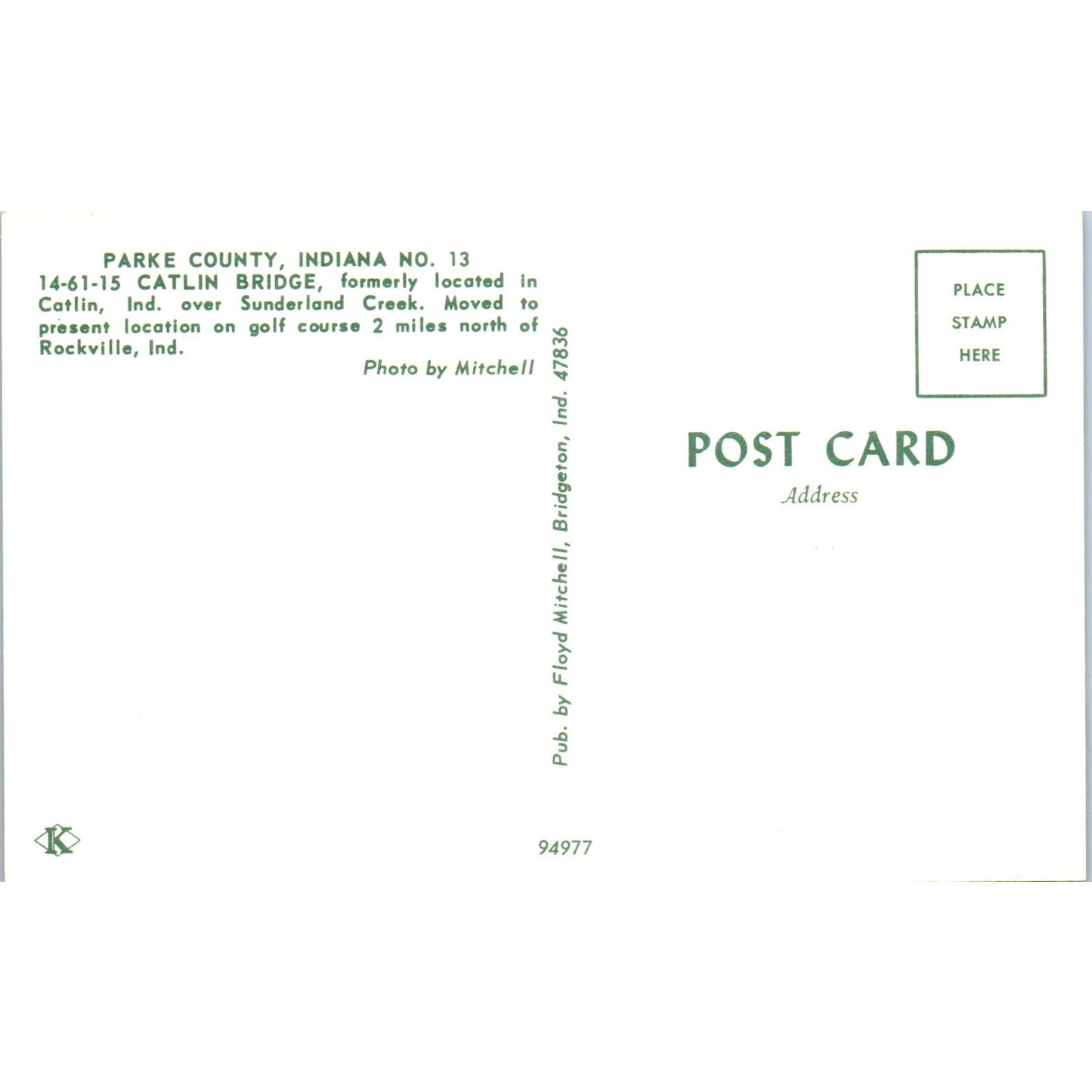 Catlin Bridge Rockville Indiana Vintage Covered Bridge Postcard PD5