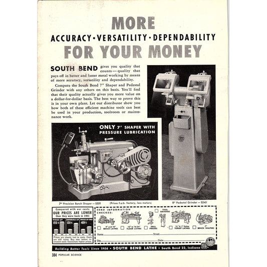 South Bend Lathe Shaper, Pedestal Grinder Indiana 1955 Ad AG1-5